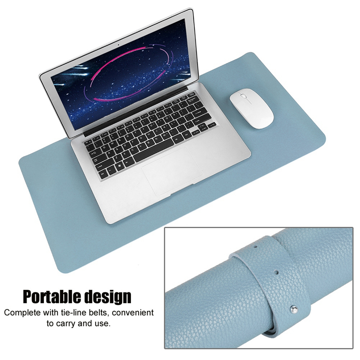 Laptop auf blauer Matte, weiße Maus. Vordergrund hat Text: Tragbares Design.