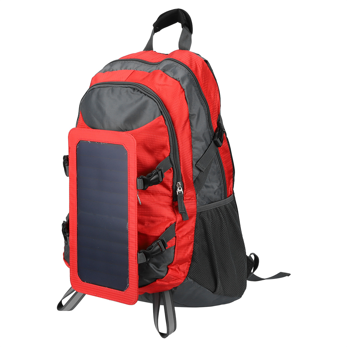 Ein roter und grauer Rucksack mit Solarpanel. Er hat mehrere Taschen, Gurte und einen Tragegriff.