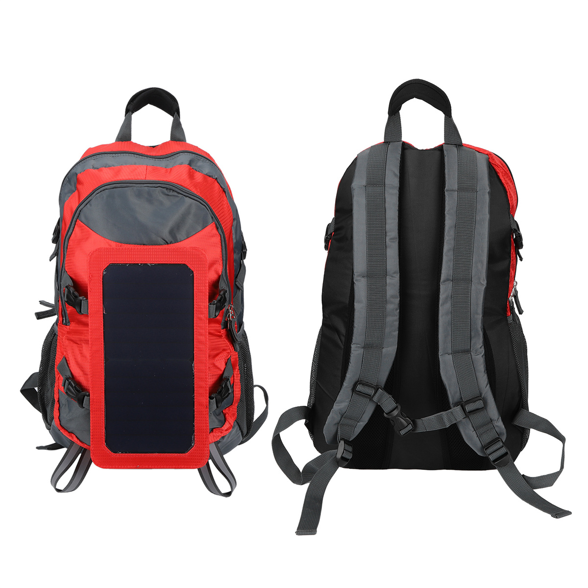 Ein roter und grauer Rucksack mit Solarpanel auf der Vorderseite und grauen Gurten auf der Rückseite.