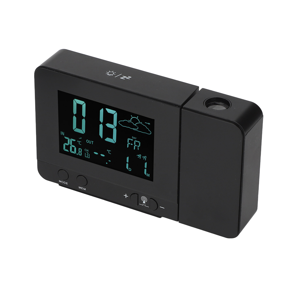 Schwarze Digitaluhr, die Zeit, Temperatur und Wettersymbole anzeigt. Hat einen Projektor.