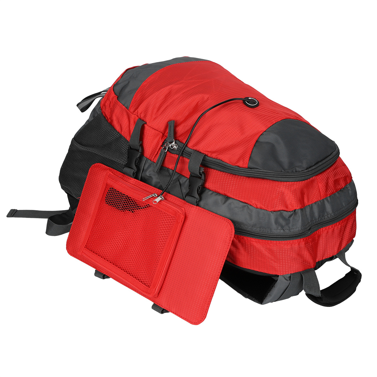 Ein roter und grauer Rucksack mit einer roten Tablet-Hülle mit Netztasche.