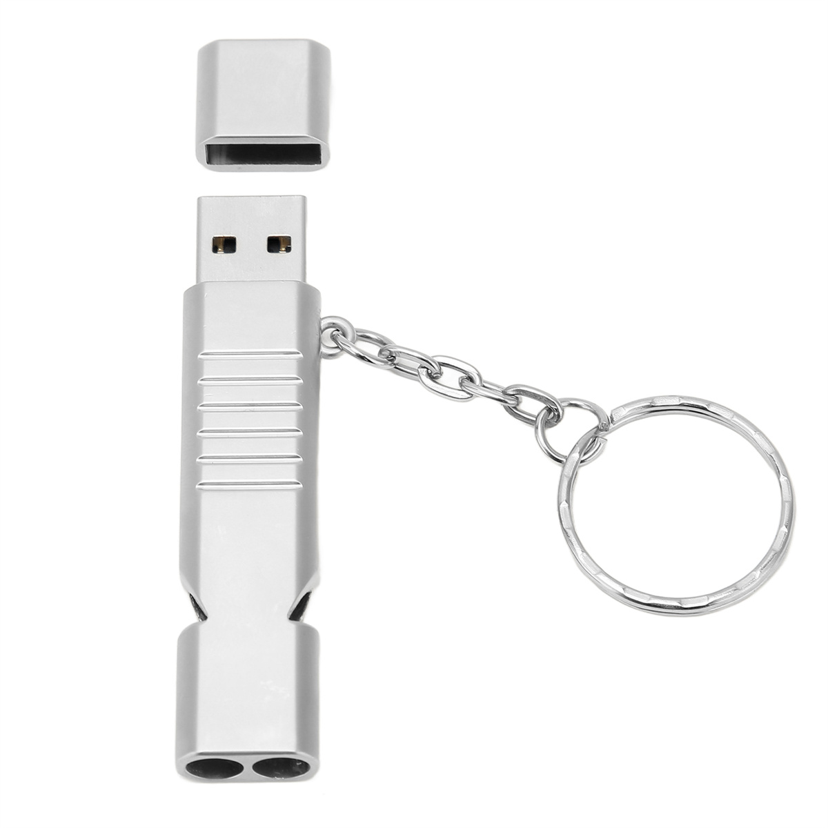 Silberne USB-Pfeife mit Schlüsselring. Das Oberteil ist abgenommen.