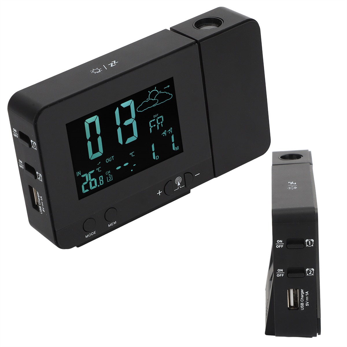 Schwarze Digitaluhr mit Anzeige von Zeit und Wetterdetails, auf weißem Hintergrund.