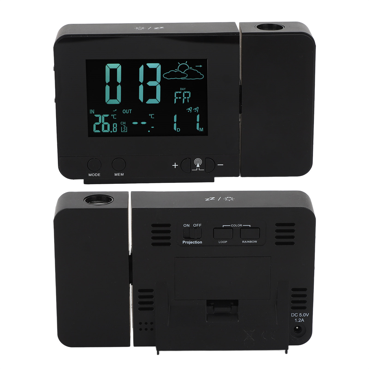 Schwarze Wetterstation mit Display und Projektor, zeigt Zahlen und Symbole.