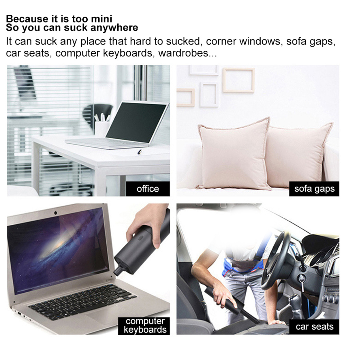 Vier Bilder zeigen die Verwendung eines Mini-Staubsaugers: Büro, Sofa, Tastaturen, Autositze.