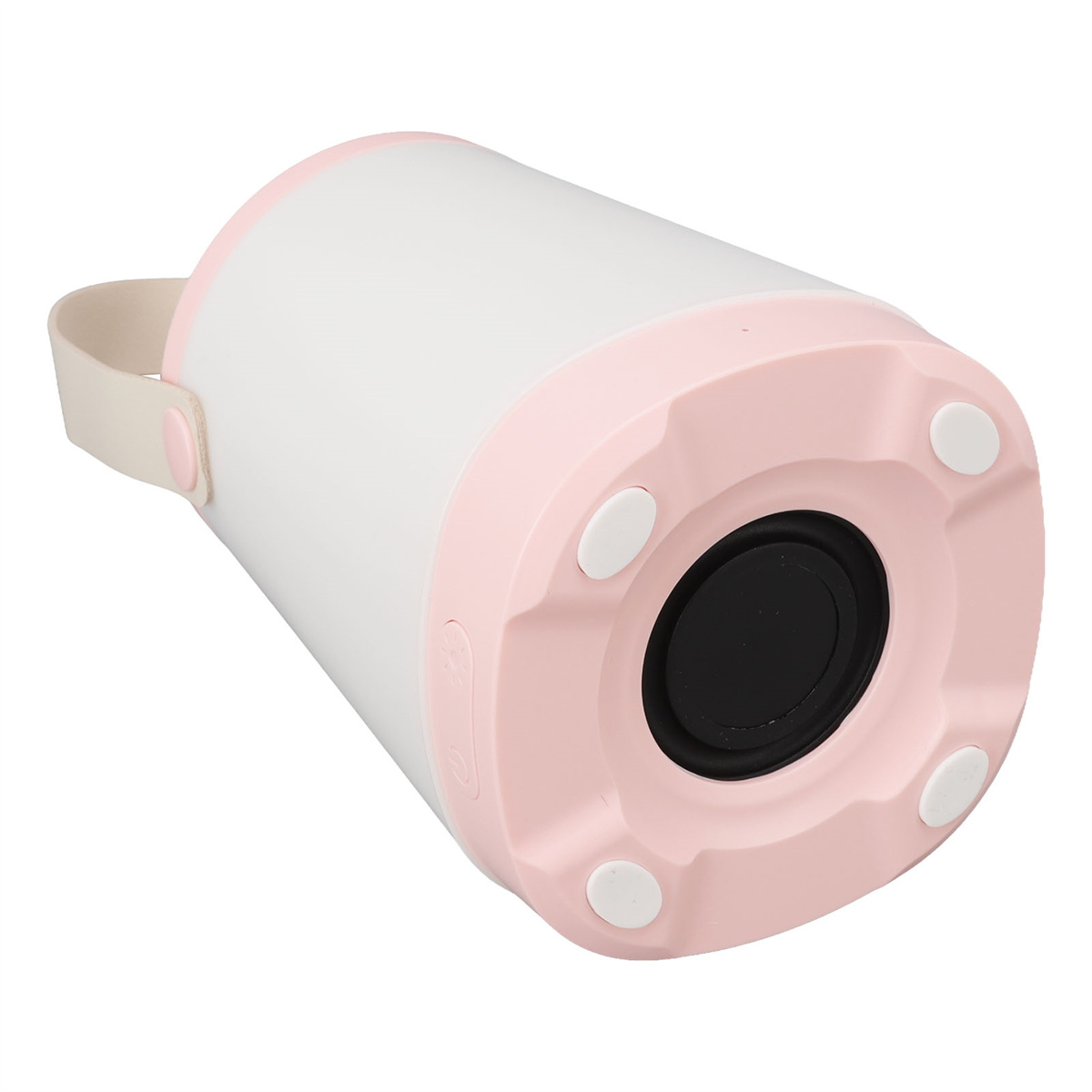 Weiß-rosa Lautsprecher, zylindrische Form, mit Griff. Zeigt die Unterseite des Lautsprechers. Weißer Hintergrund.