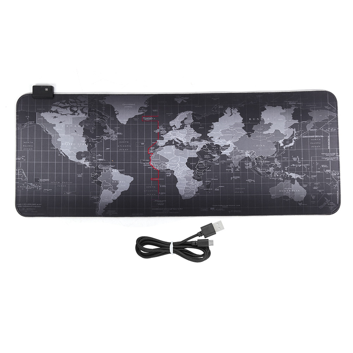 Schwarze und graue Weltkarte-Mauspad mit einem USB-Kabel.