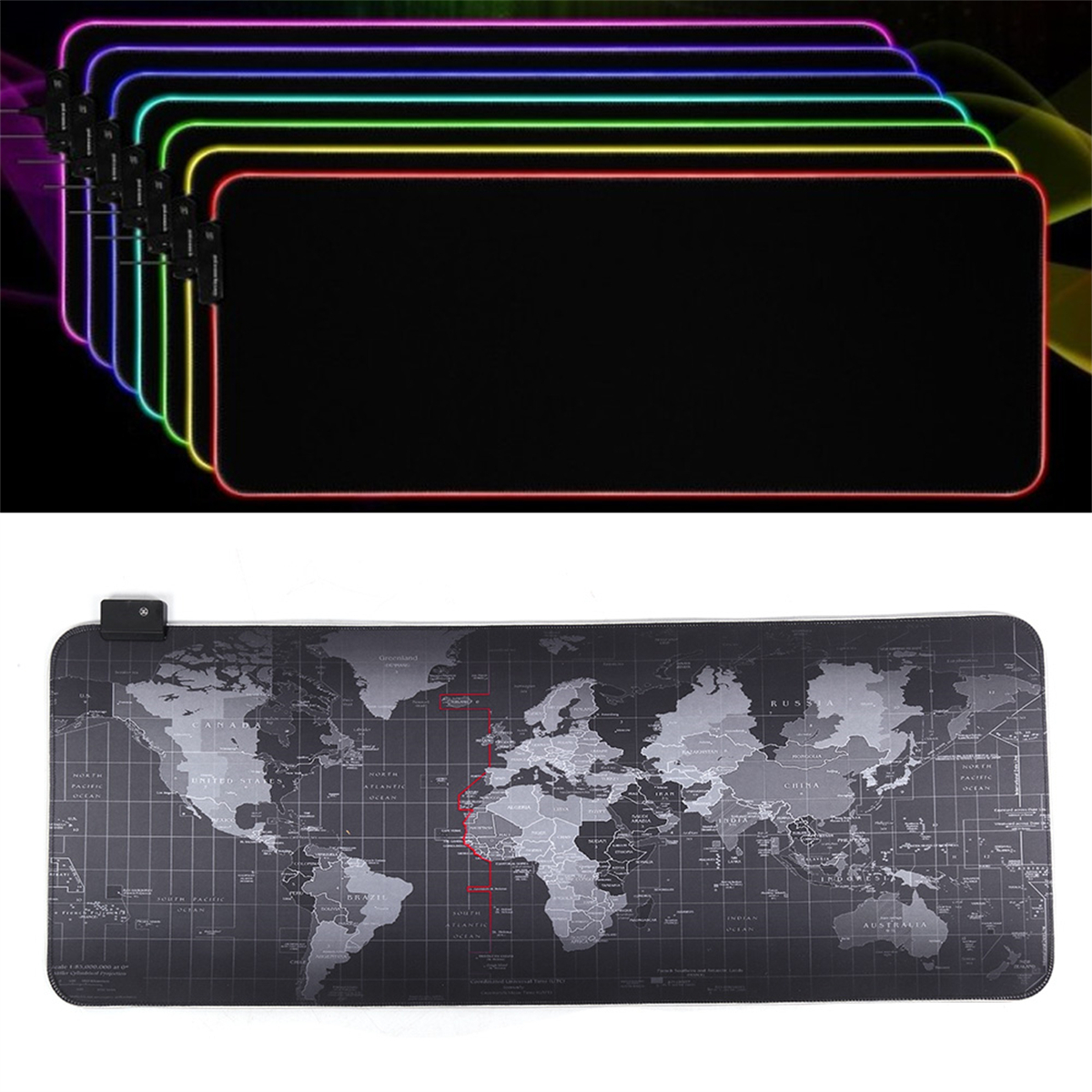 Schwarze Mauspads mit RGB-Kanten und ein Weltkarten-Mauspad. Der Hintergrund ist weiß.