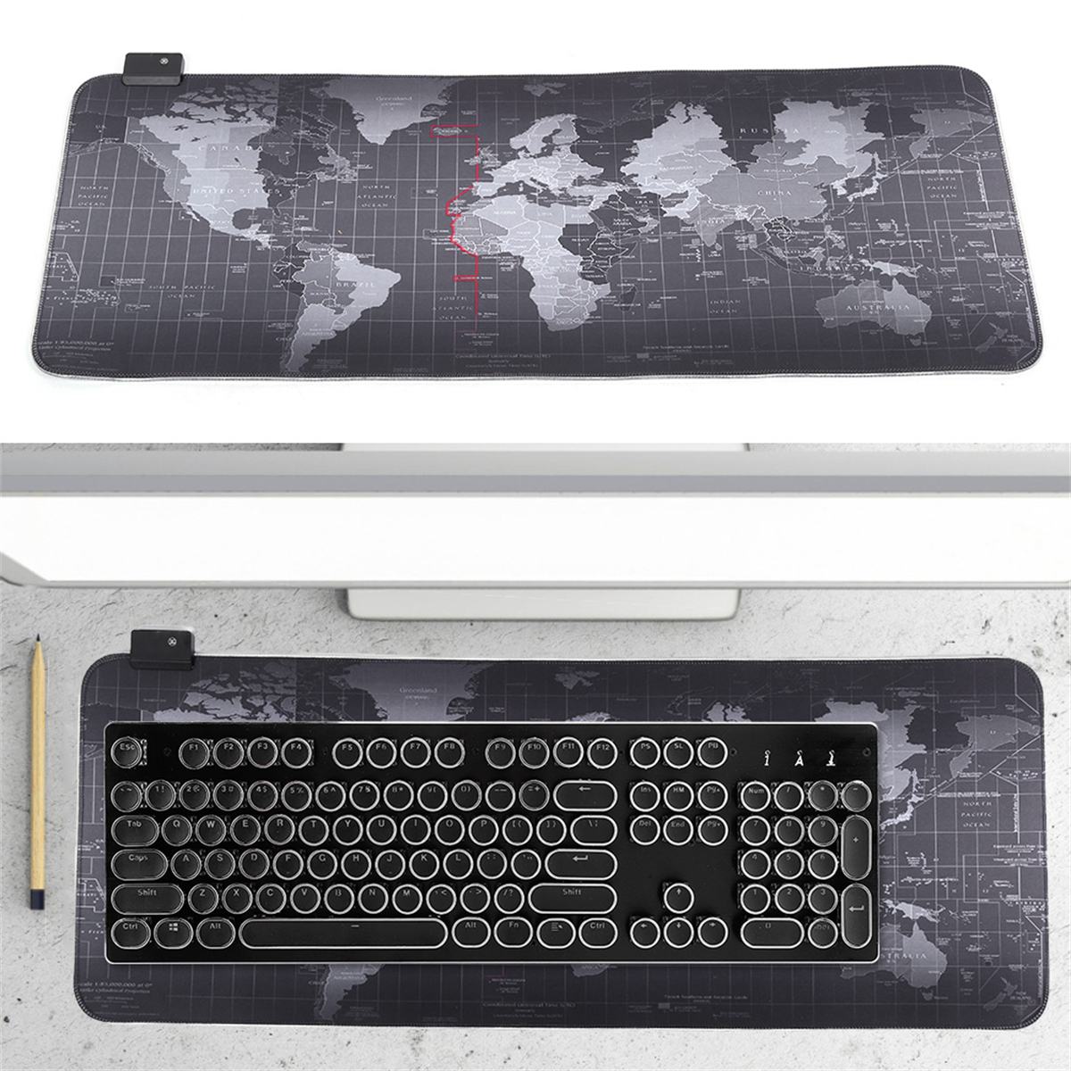 Zweiteiliges Bild: ein Mauspad mit Weltkarten-Design und eine Tastatur darauf.