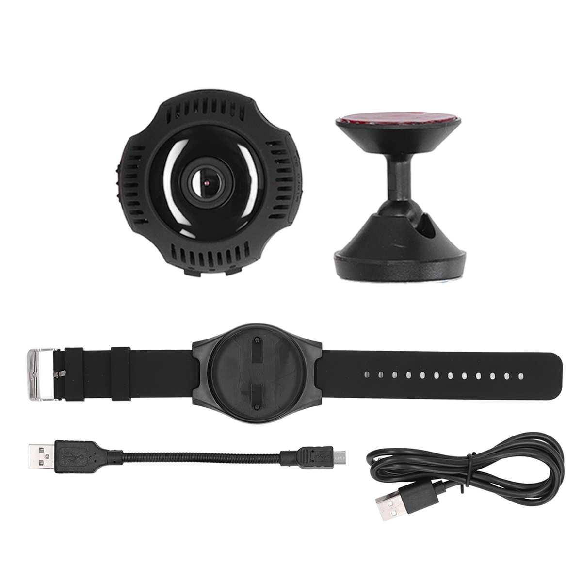 Verschiedenes Zubehör für Autokameras: Kamera, Halterung und Kabel. Schwarz. Für Autoaufnahmen.