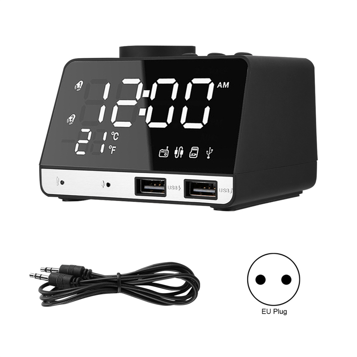 Eine schwarze Digitaluhr mit USB-Anschlüssen und einem Kabel. Die Uhr zeigt Zeit und Temperatur an.