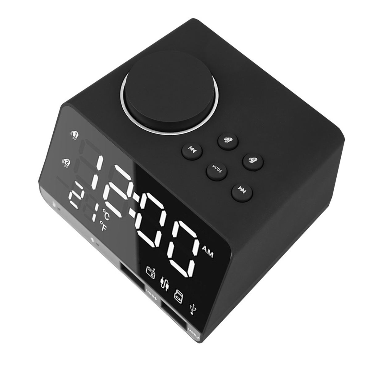 Schwarzes Digitaluhrradio mit Anzeige von Zeit, Temperatur und USB-Anschlüssen.