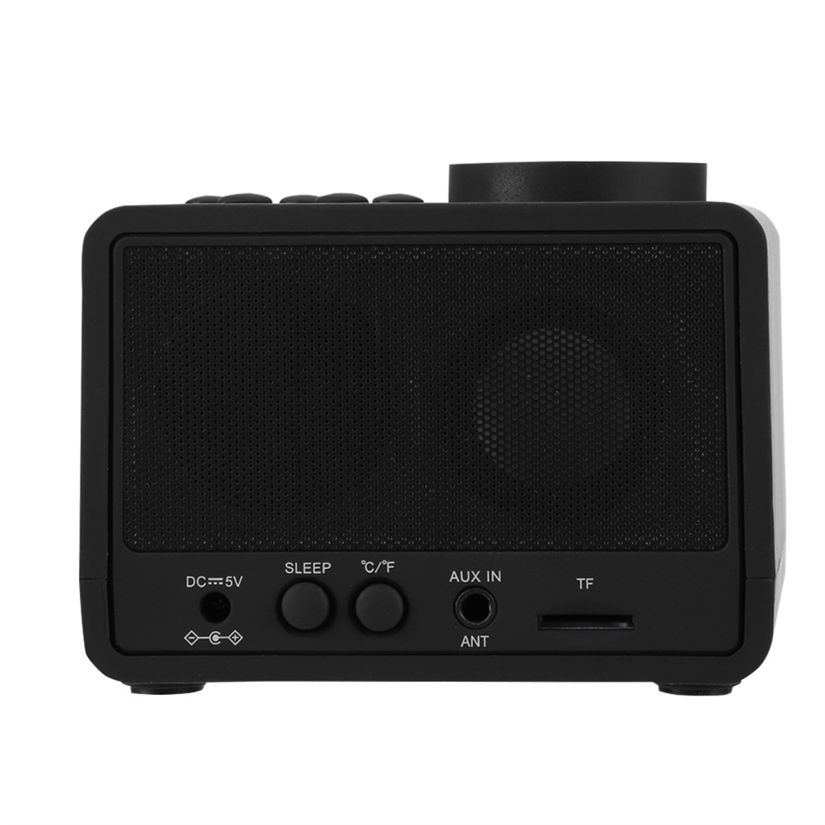 Schwarzes tragbares Radio. Knöpfe, Lautsprecher und Eingänge sichtbar. Schlichtes Design.