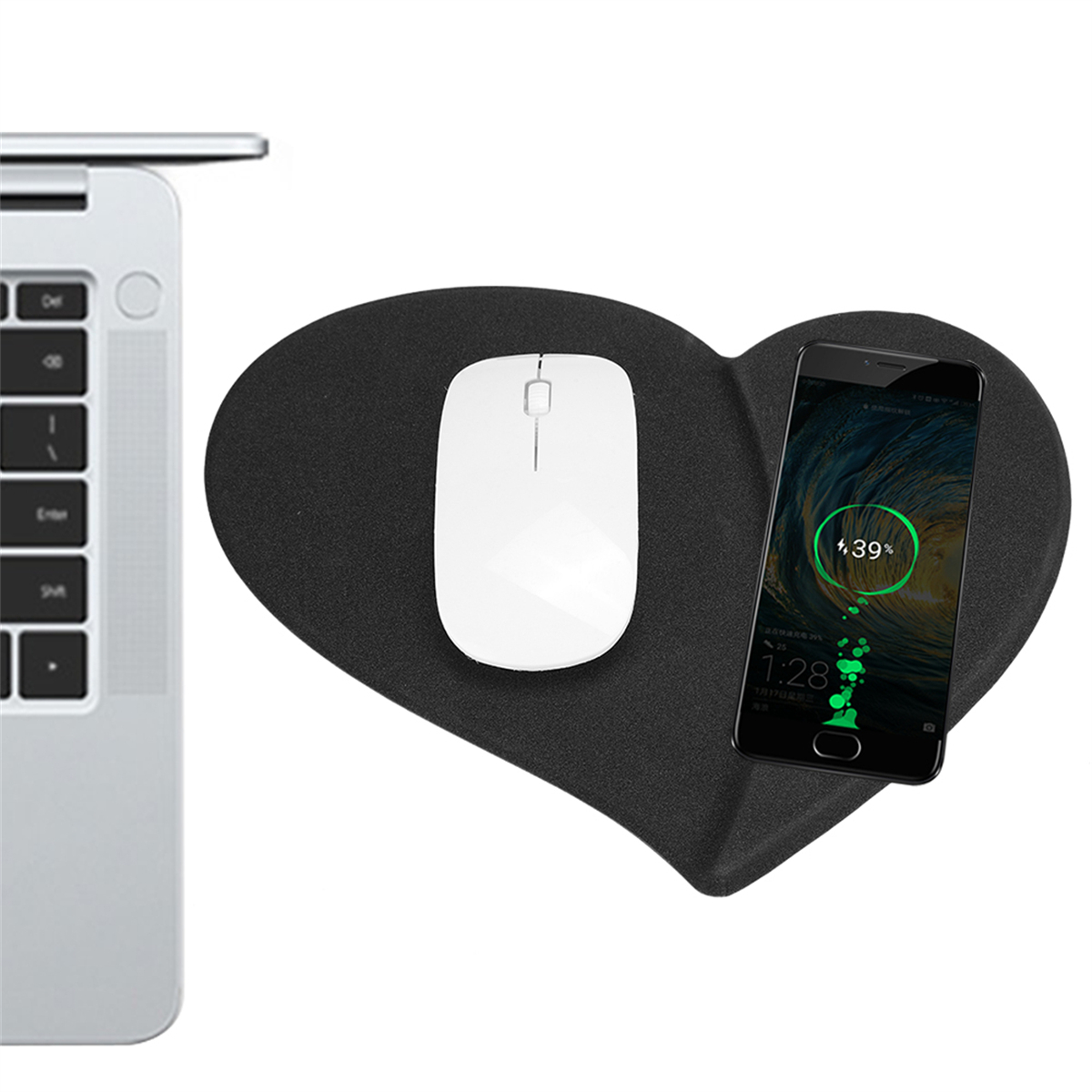 Herzförmiges Mauspad mit weißer Maus und Handy mit 39% Akku.