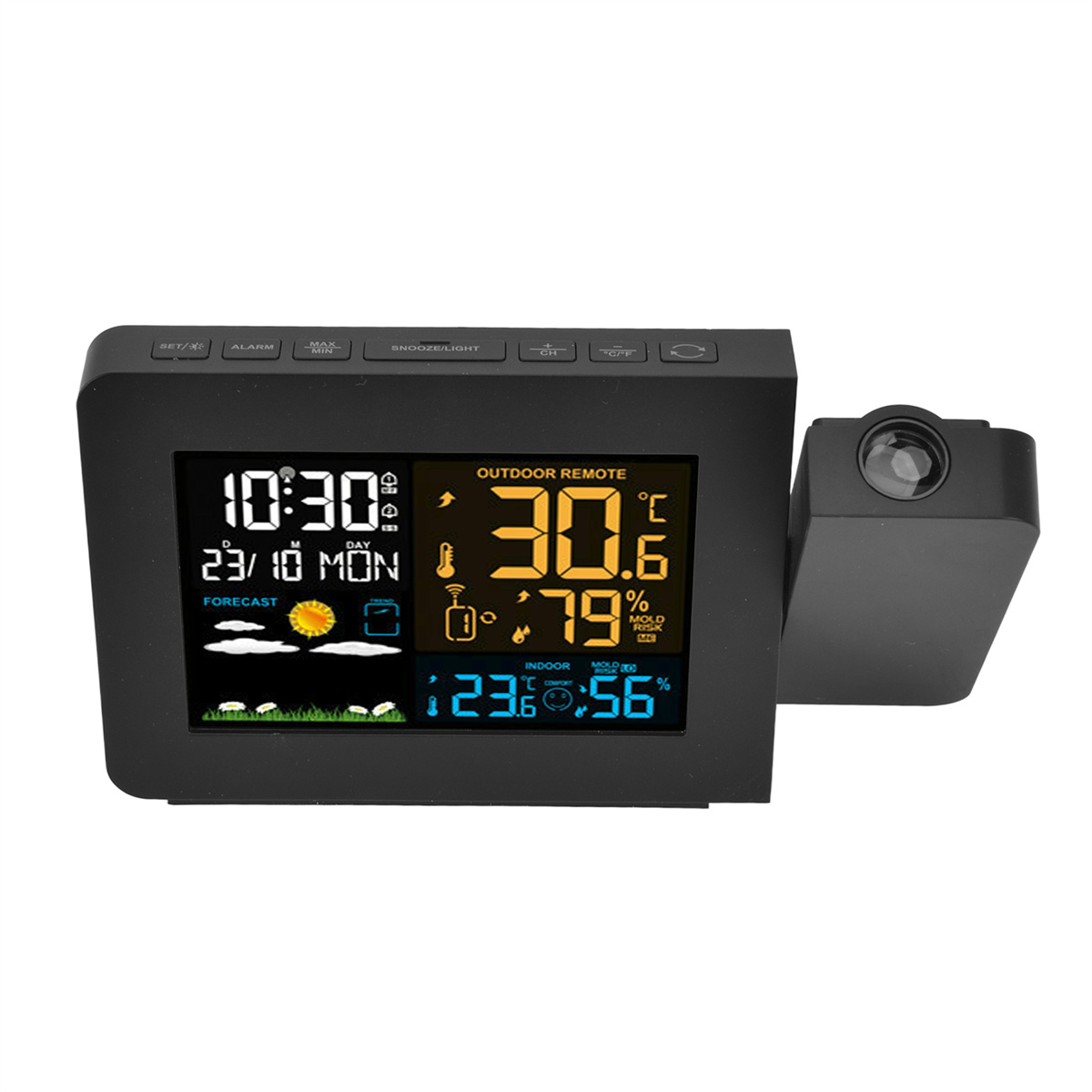 Schwarze Wetterstation mit Anzeige von Zeit, Datum und Wettervorhersagen, mit Projektor.