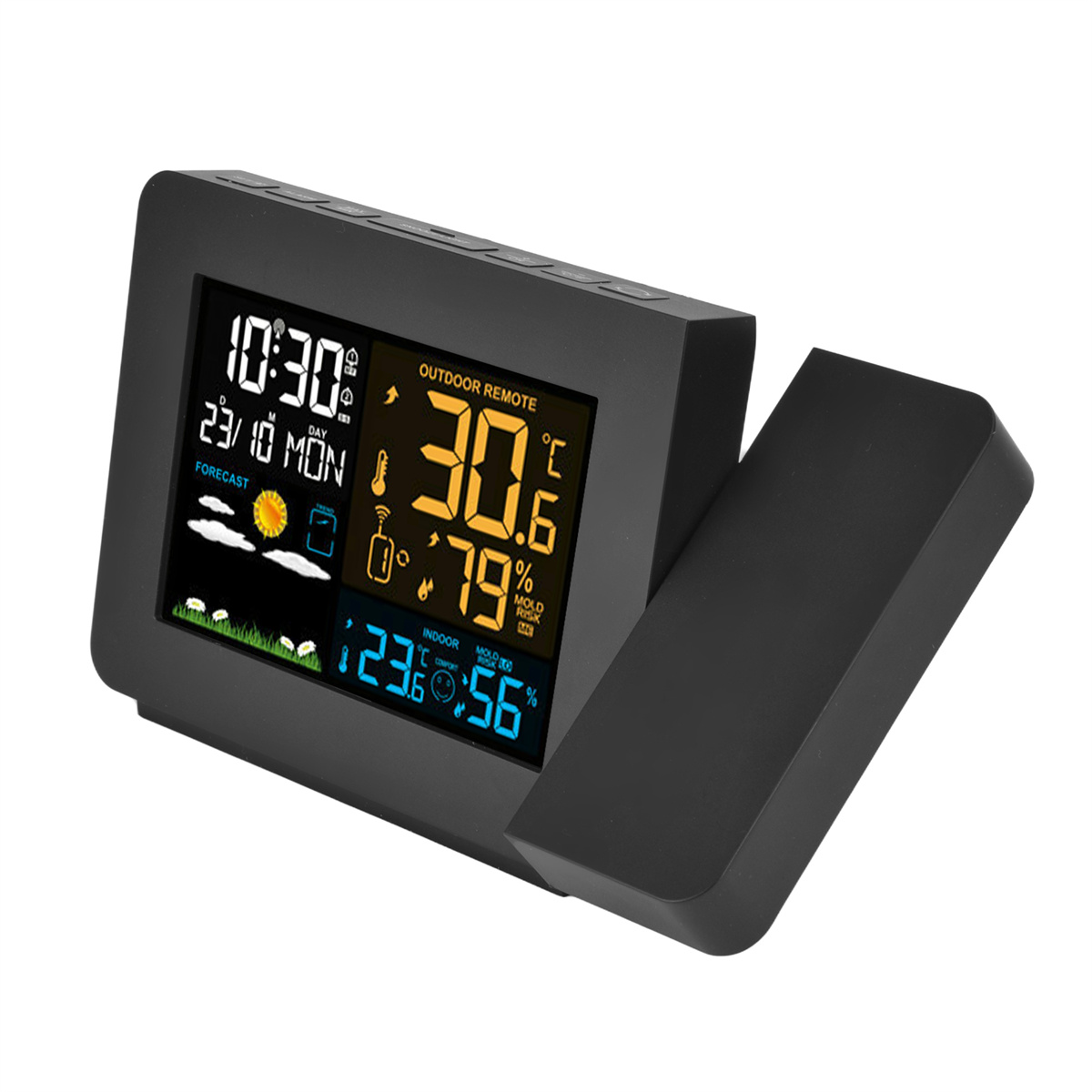 Schwarze Wetterstation mit Anzeige von Zeit, Datum, Prognose und Temperatur. Ein separates Display.