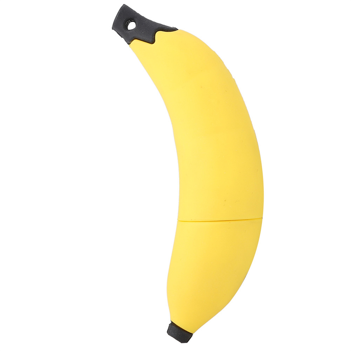 Ein gelber USB-Stick in Bananenform, mit schwarzer Spitze und schwarzem Ende.