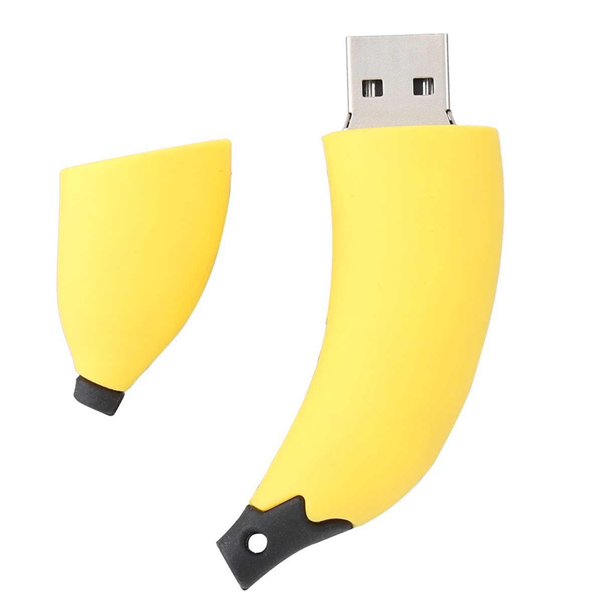 Ein gelber USB-Stick in Bananenform ohne Kappe, weißer Hintergrund.
