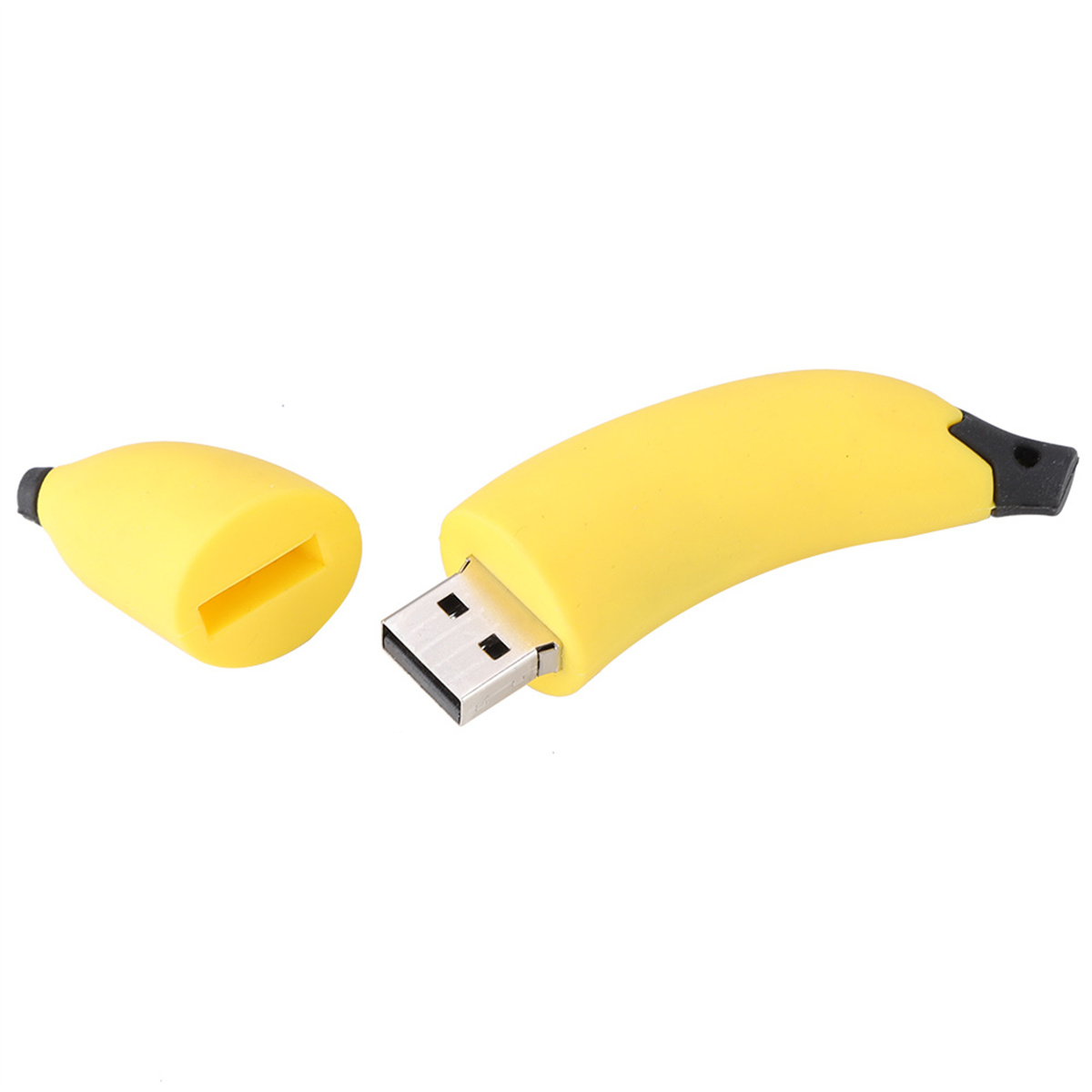 Ein gelber USB-Stick in Bananenform mit abgenommener Kappe, der den USB-Anschluss zeigt.