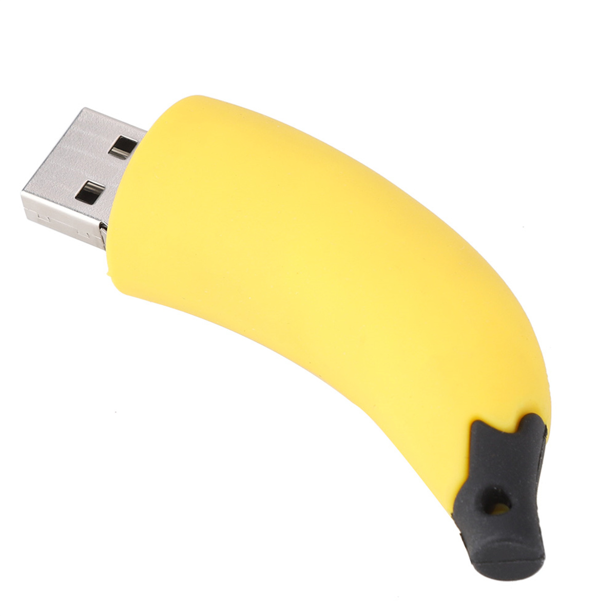 Gelber USB-Stick in Bananenform mit silbernem USB-Anschluss.