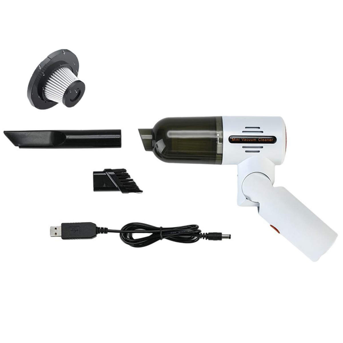 Handstaubsauger und Zubehör. Weißes Gehäuse, schwarze Düse und Kabel.