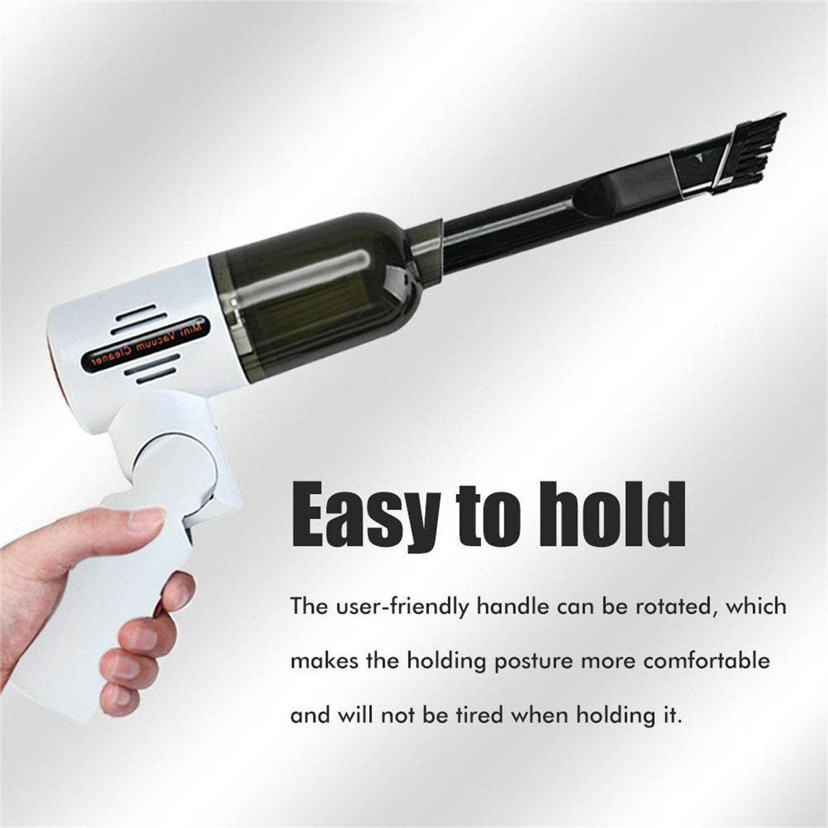 Ein weiß-schwarzer Handstaubsauger, gehalten von einer Hand. Text: 'Easy to hold'.