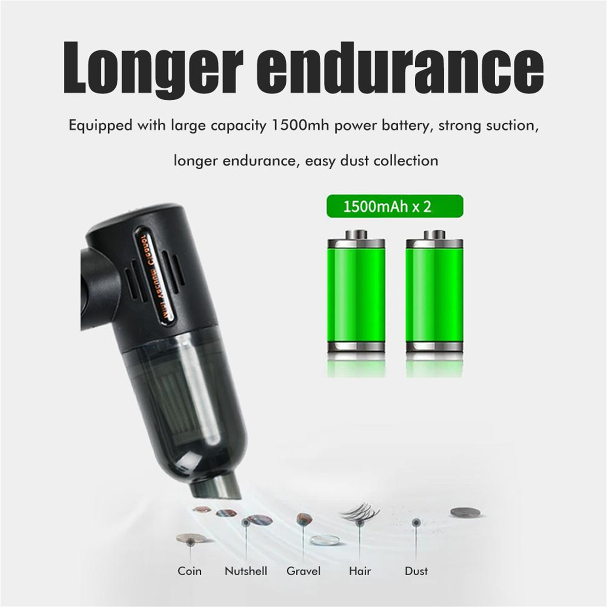 Bild zeigt einen Staubsauger und zwei grüne Batterien mit Text. Der Text enthält '1500mAh x 2'.