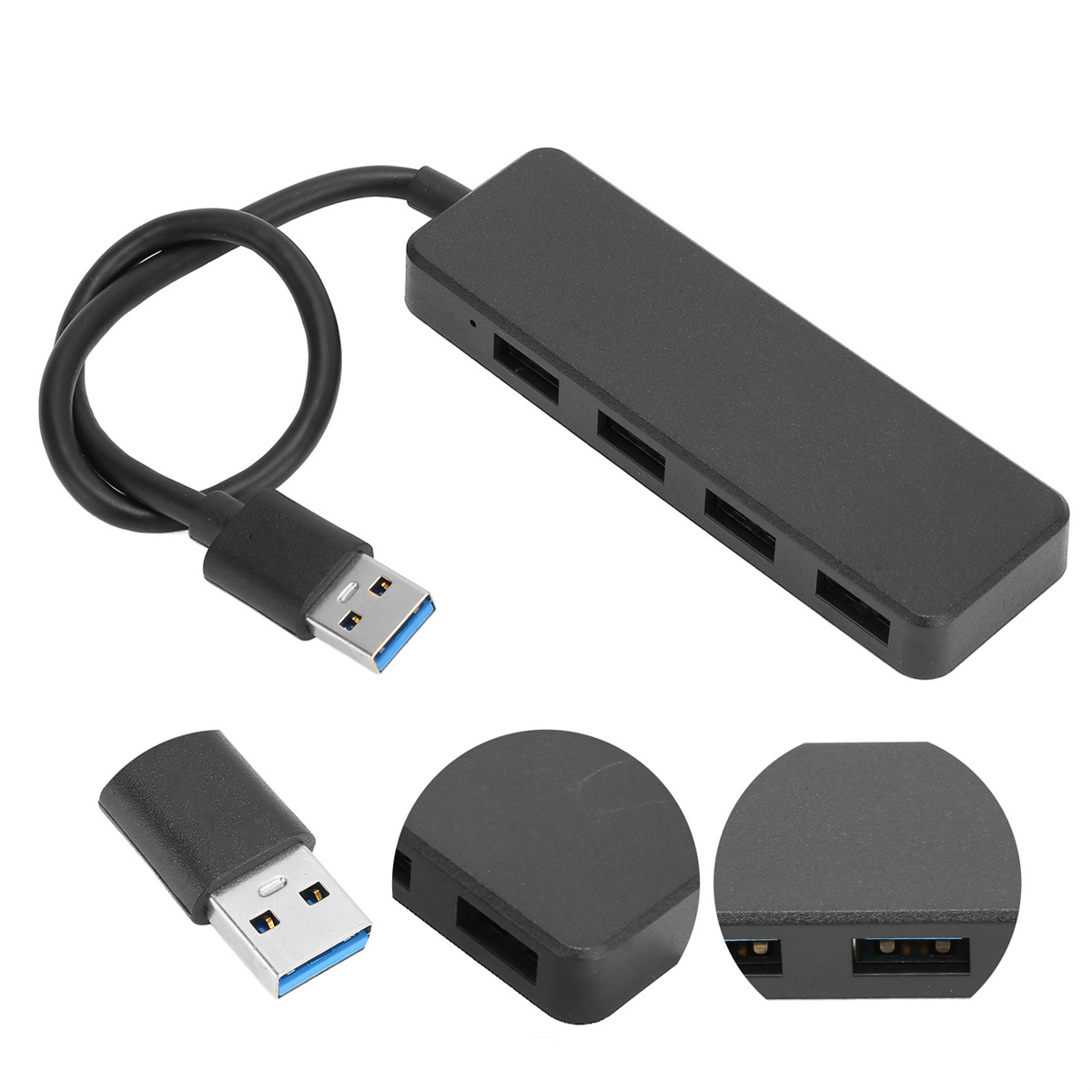 Schwarzer USB-Hub mit vier Anschlüssen und zwei USB-Anschlüssen, mit weißem Hintergrund.