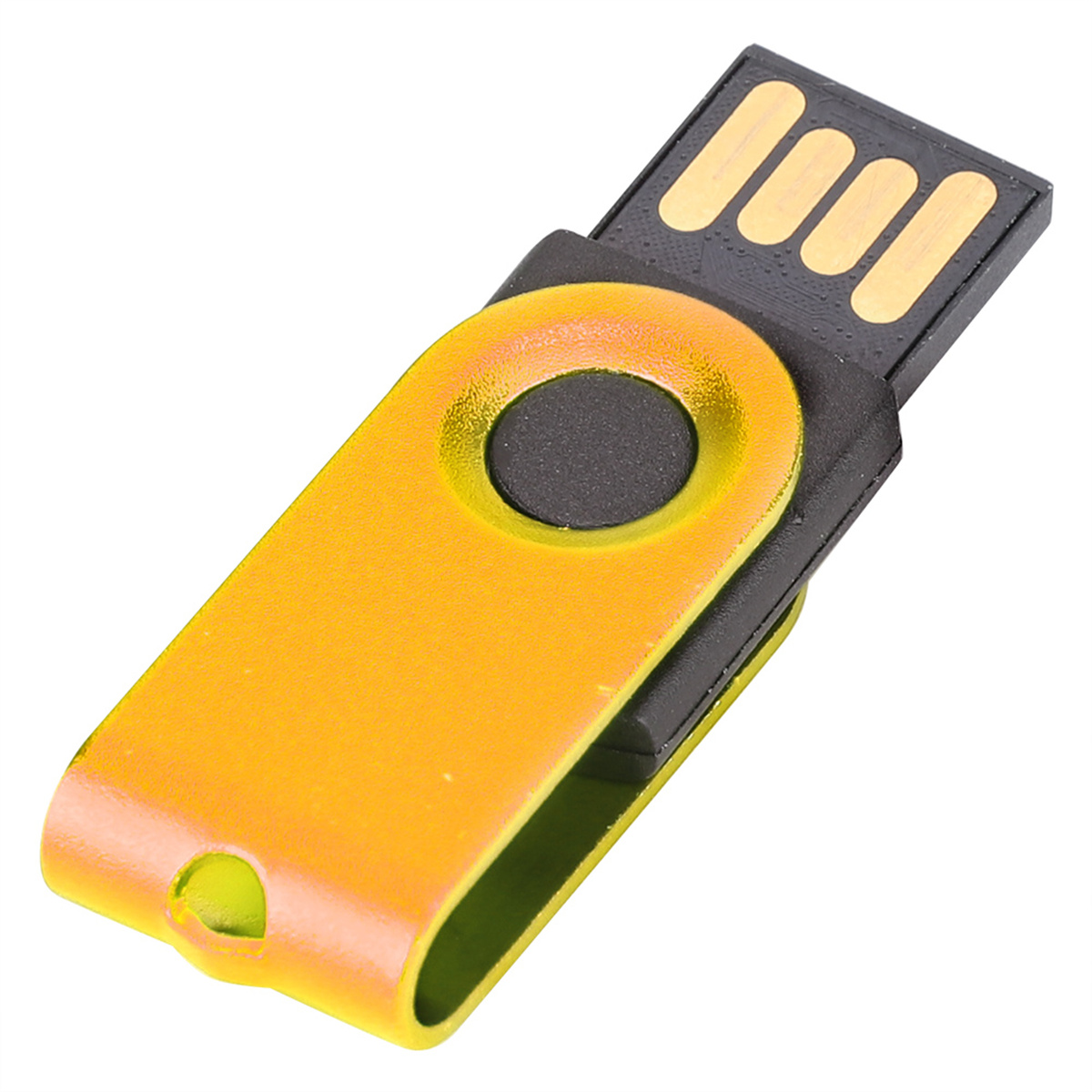 Ein gelb-schwarzer USB-Stick. Der USB-Stick ist auf weißem Hintergrund.
