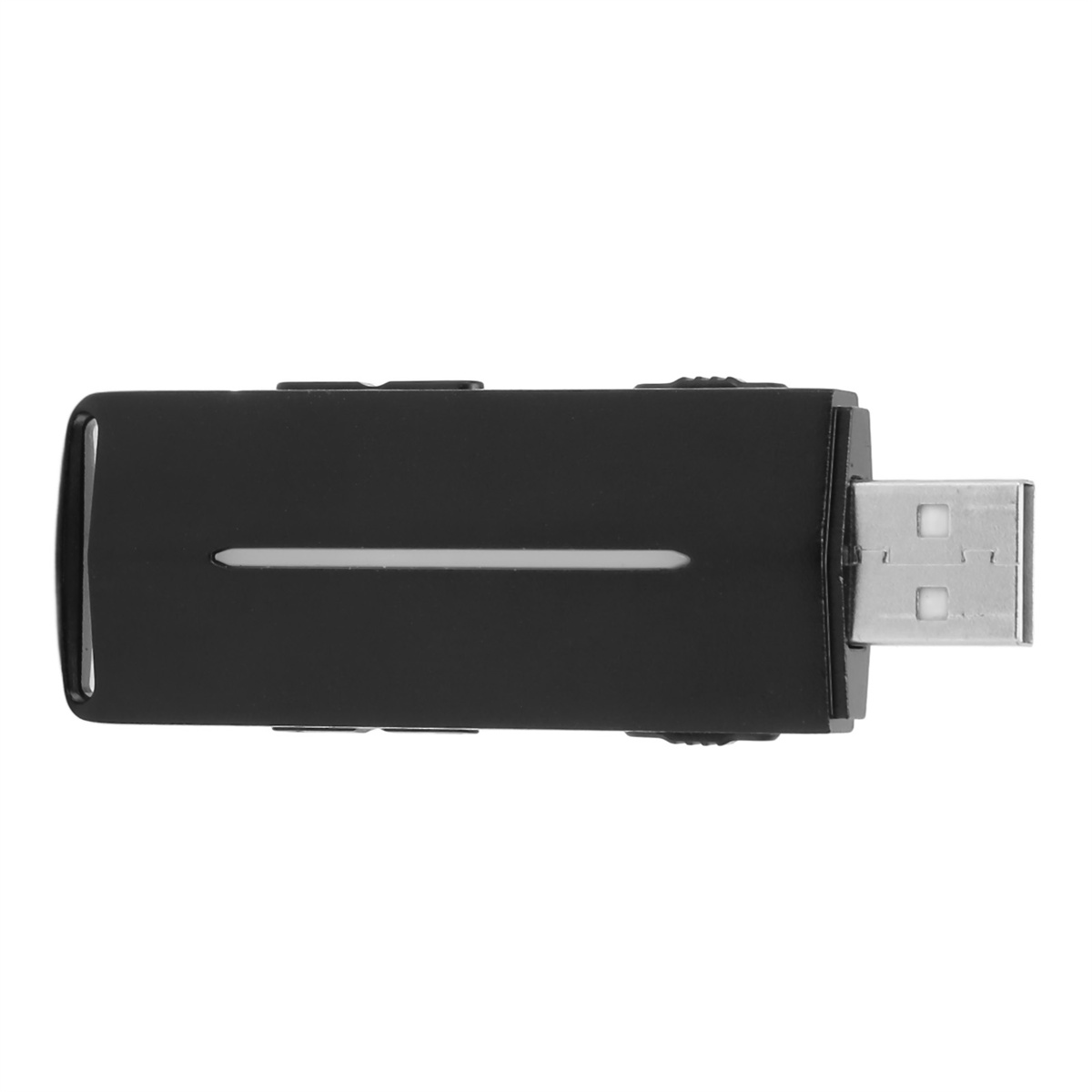 Schwarzer USB-Stick, rechteckige Form mit weißer Indikatorlinie.
