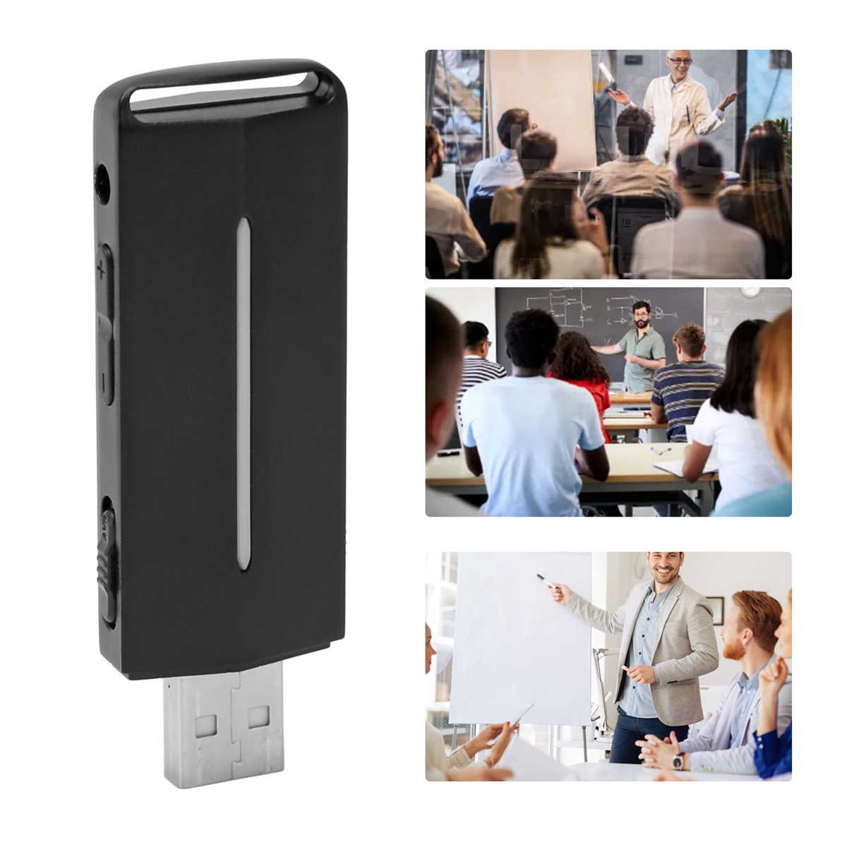 Schwarzer USB-Recorder und drei Bilder von Menschen in Klassenzimmern und Besprechungen.