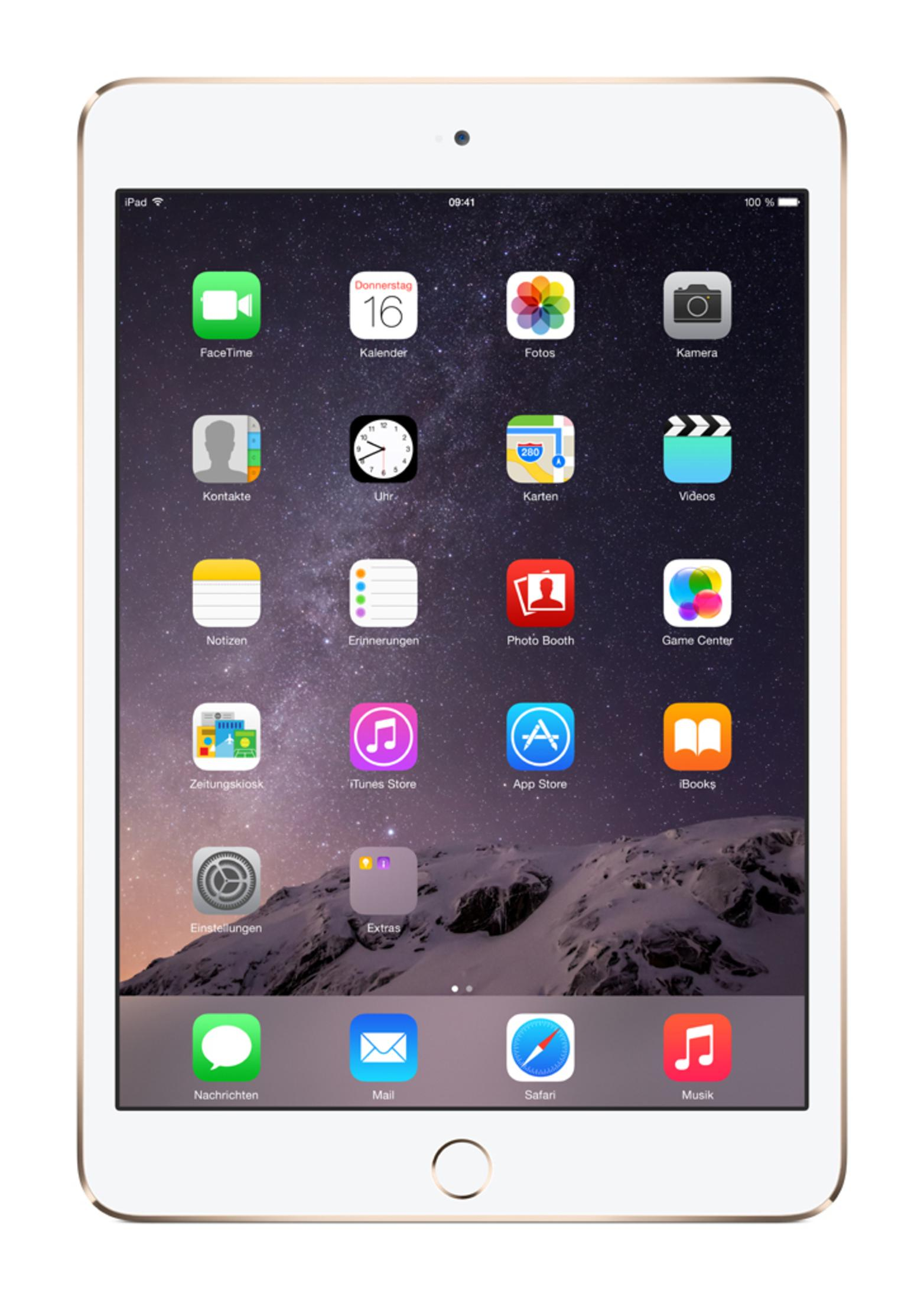 iPad Mini auf weißem Hintergrund. Anzeige zeigt viele App-Symbole. Es hat einen goldenen Rahmen und weißen Bildschirm.