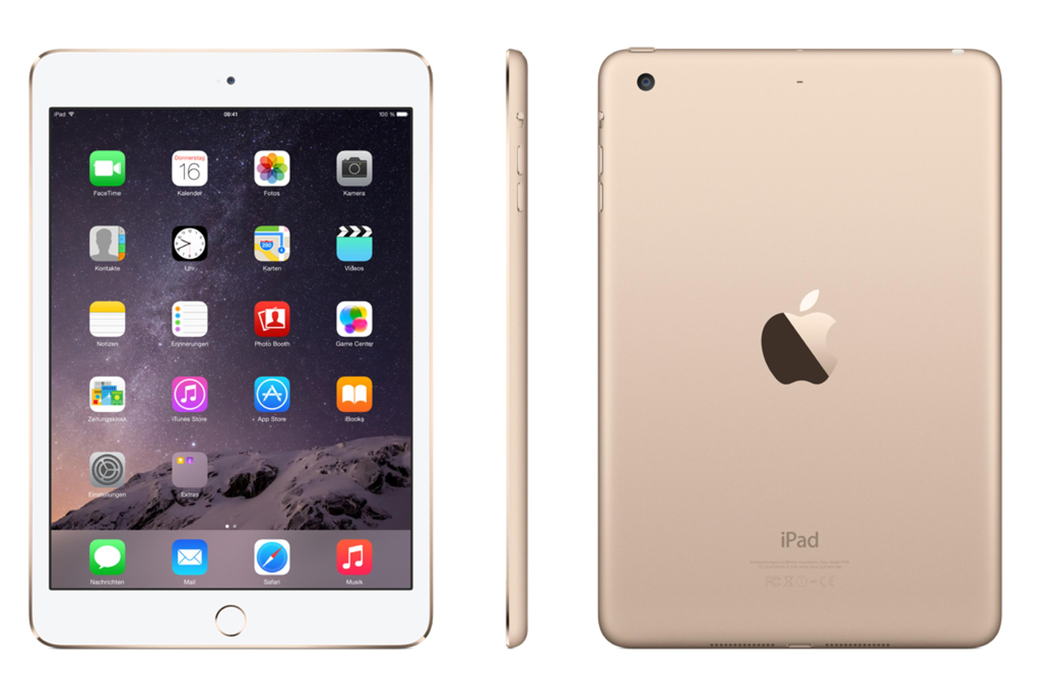 Ein iPad mit sichtbarem Startbildschirm. Das iPad ist goldfarben und hat einen weißen Rahmen.