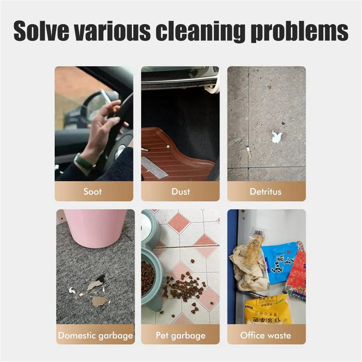 Collage von Bildern, die verschiedene Reinigungsprobleme zeigen: Ruß, Staub, etc.