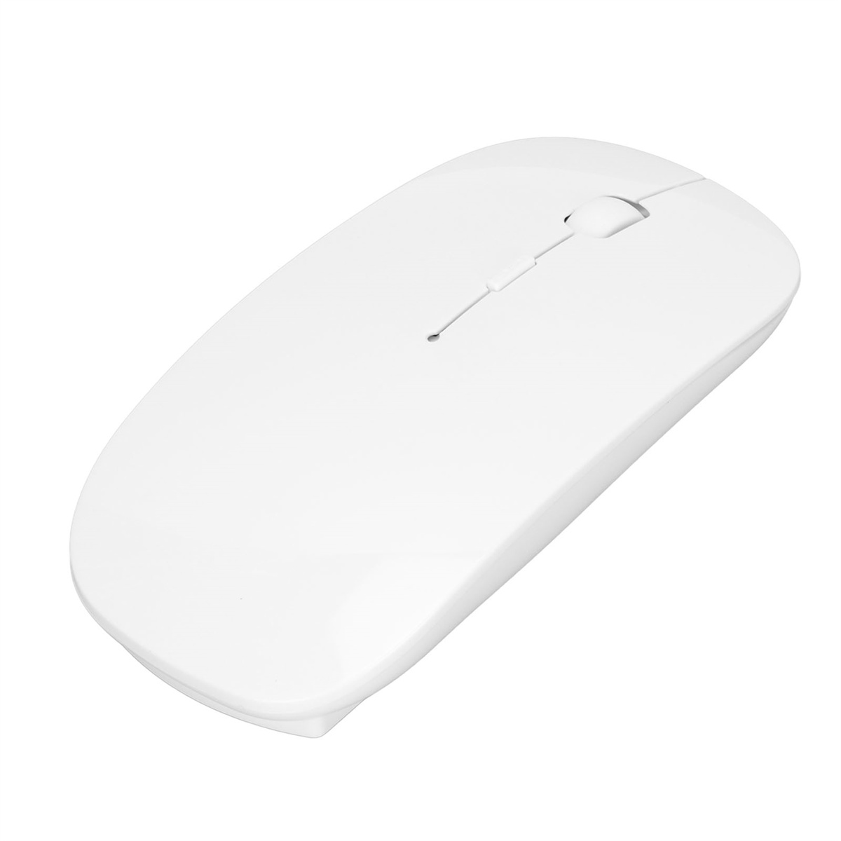 Eine weiße drahtlose Maus. Sie hat eine geschwungene Form mit zwei Tasten und einem Scrollrad.