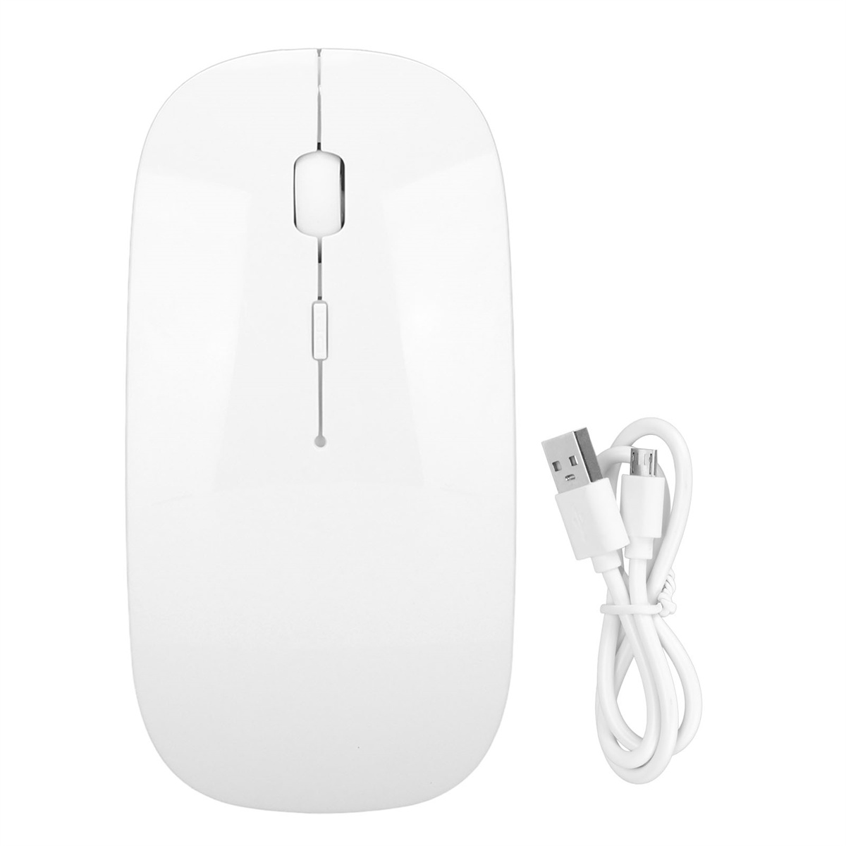 Weiße kabellose Maus mit USB-Kabel. Die Maus befindet sich auf weißem Hintergrund.