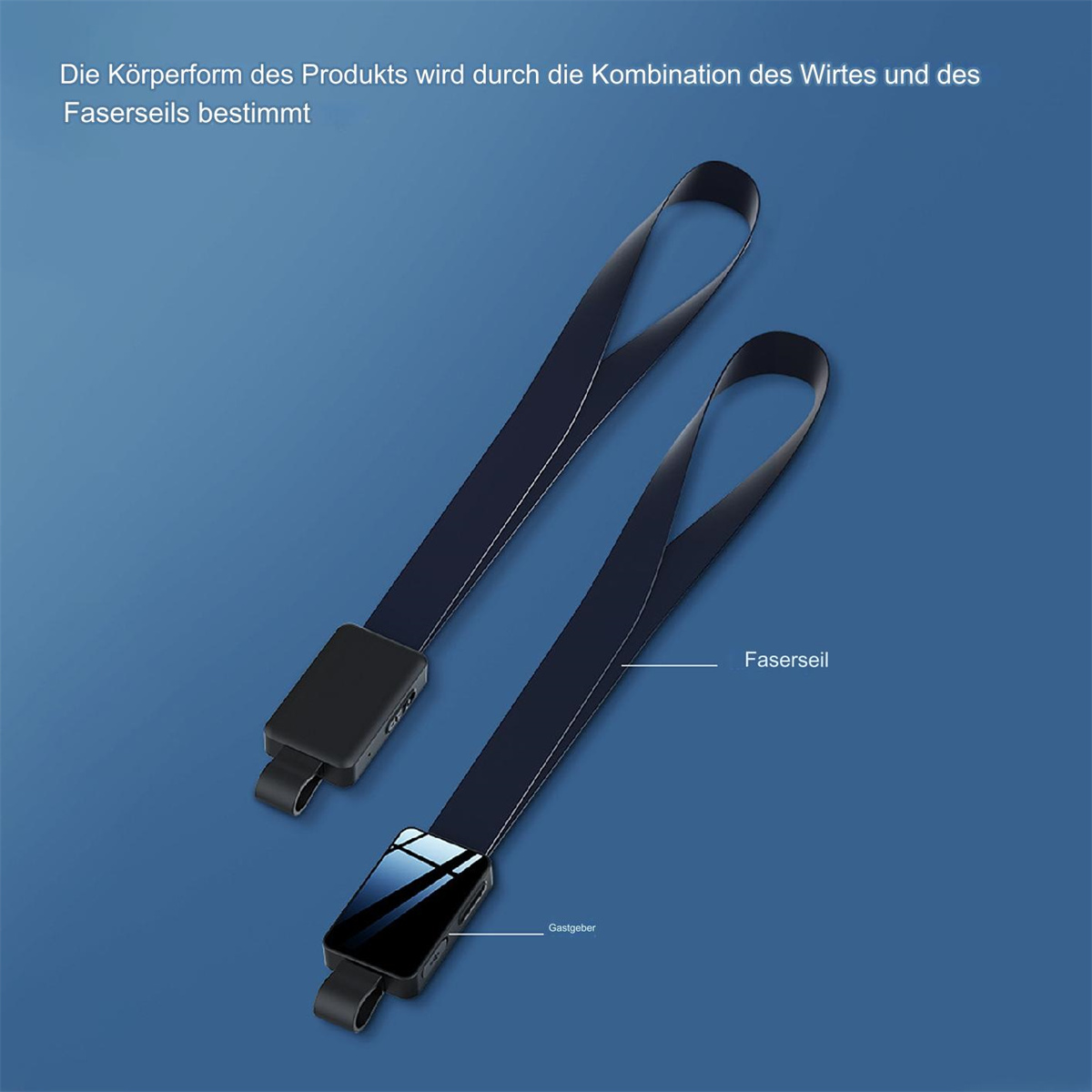 Zwei schwarze Armbänder mit blauem Hintergrund und deutschem Text.