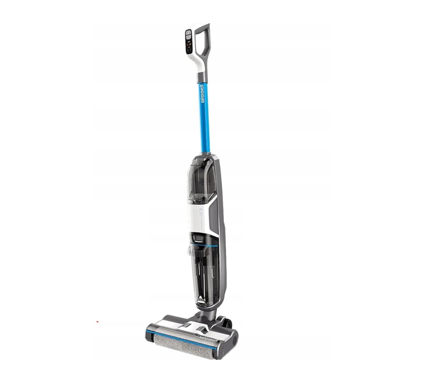 Aspirapolvere verticale Bissell con manico blu e corpo grigio e bianco.