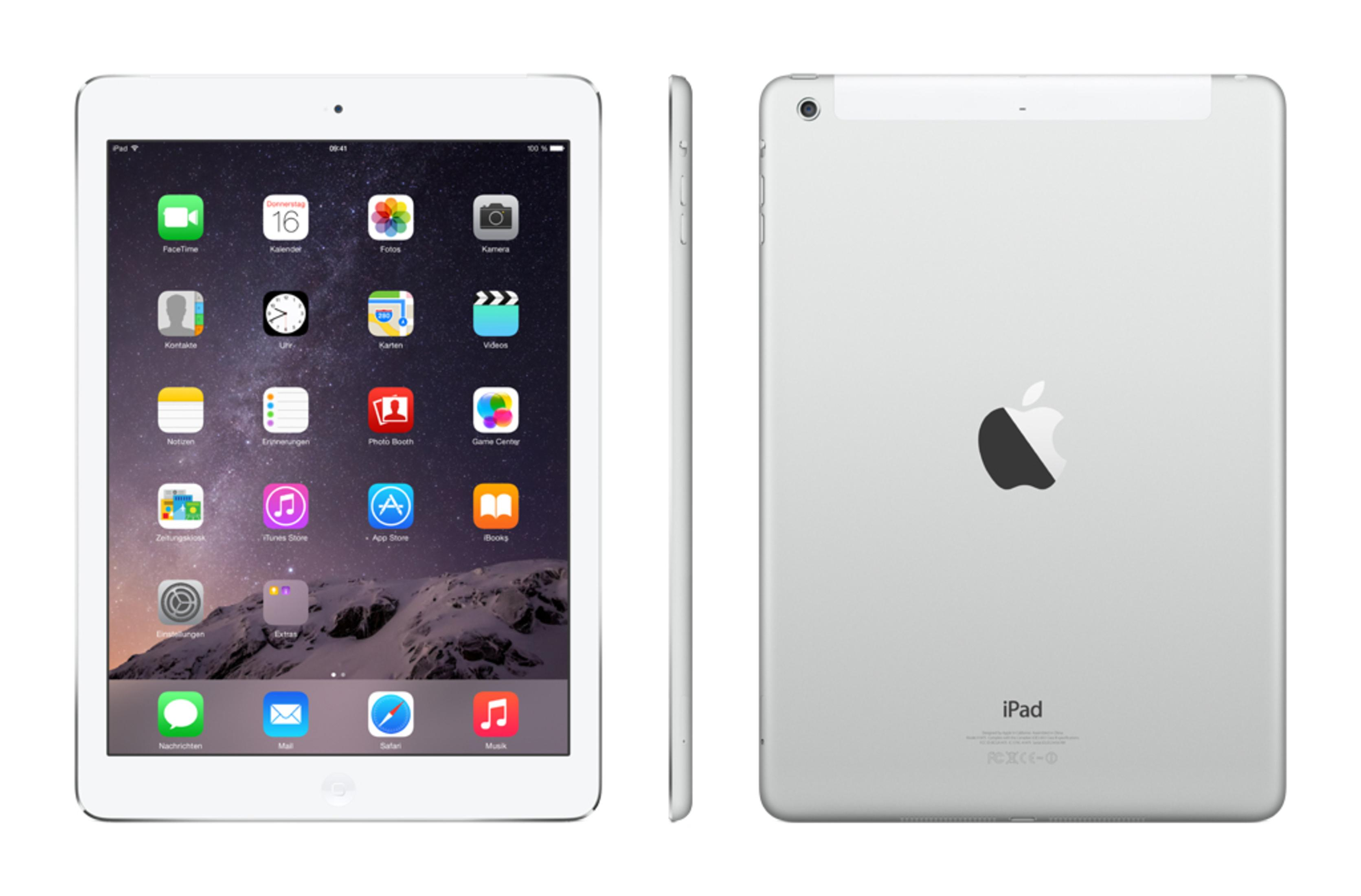 Silbernes iPad Air links, das den Bildschirm zeigt, und rechts die Rückseite.