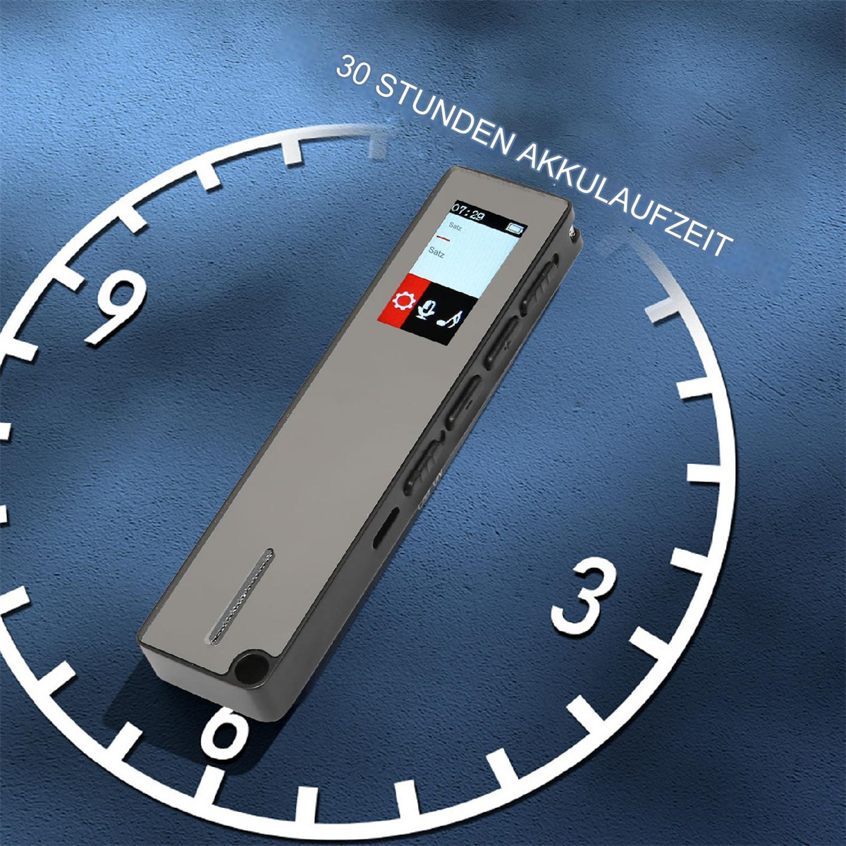 Digitales Aufnahmegerät auf blauem Hintergrund mit einem Bild einer Uhr. 30 Stunden Akkulaufzeit.