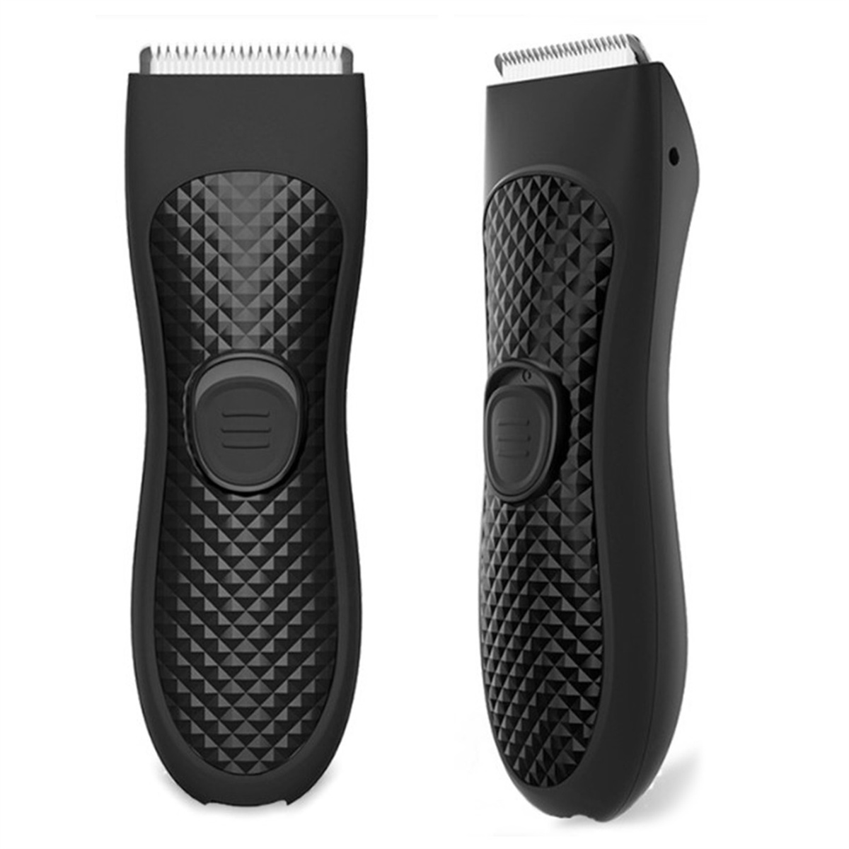 Zwei Ansichten eines schwarzen Bodytrimmers mit Ein-/Aus-Taste und strukturiertem Griffdesign.