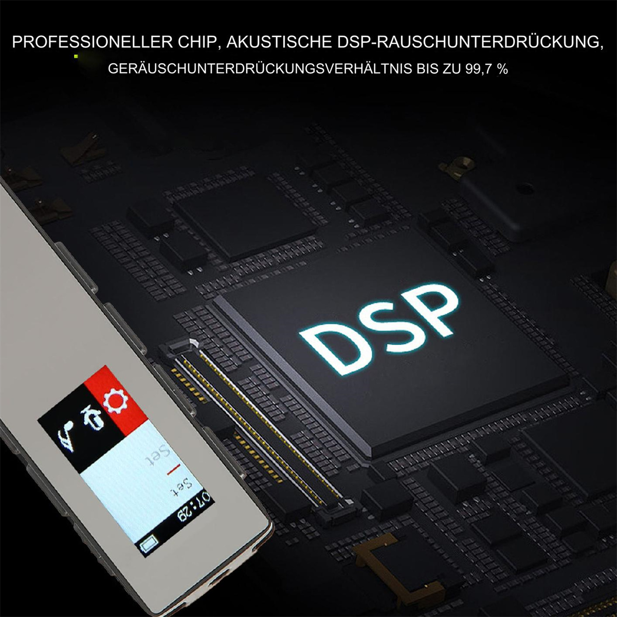 Nahaufnahme einer Platine mit Digitalanzeige. Text lautet: DSP, Einstellung, 07:28.