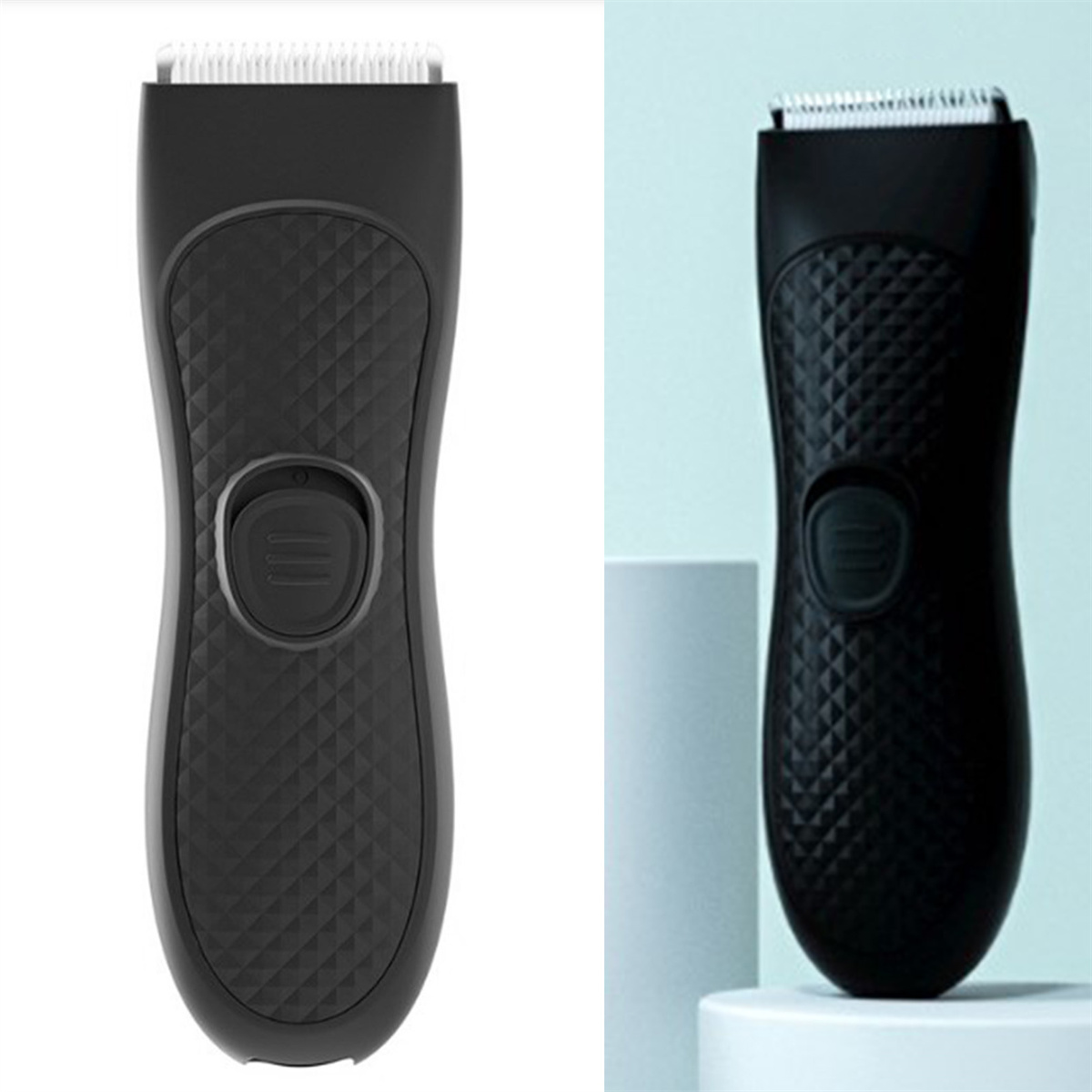 Zwei schwarze Körperpflegeprodukte mit unterschiedlichen Designs. Eines hat einen strukturierten Griff und das andere ein glattes Design.