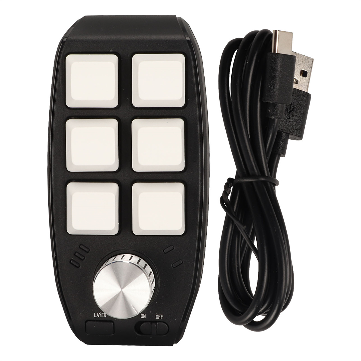 Schwarzes Bedienfeld mit weißen Knöpfen und einem Drehregler. Ein USB-Kabel ist angeschlossen.