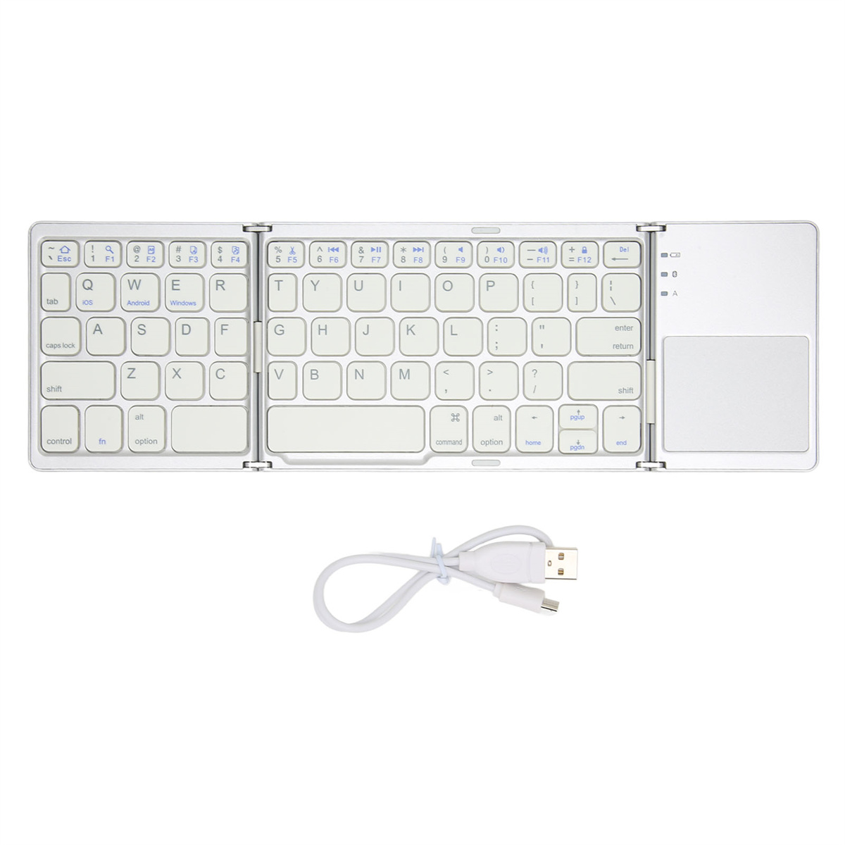 Eine weiße, faltbare Tastatur mit Touchpad und Ladekabel, von oben gesehen.