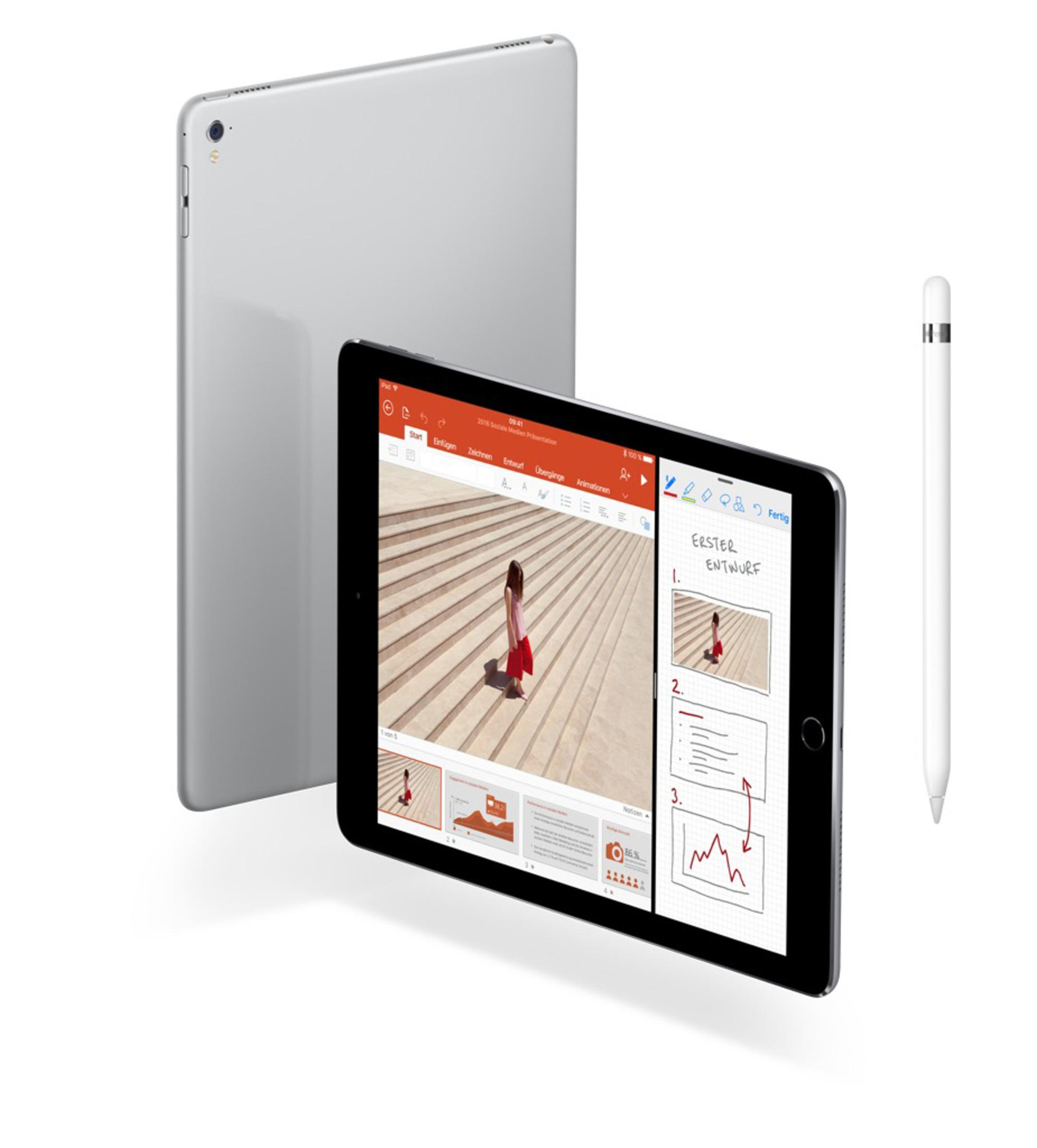 Srebrny tablet z prezentacją na ekranie, srebrnym tyłem i białym rysikiem.