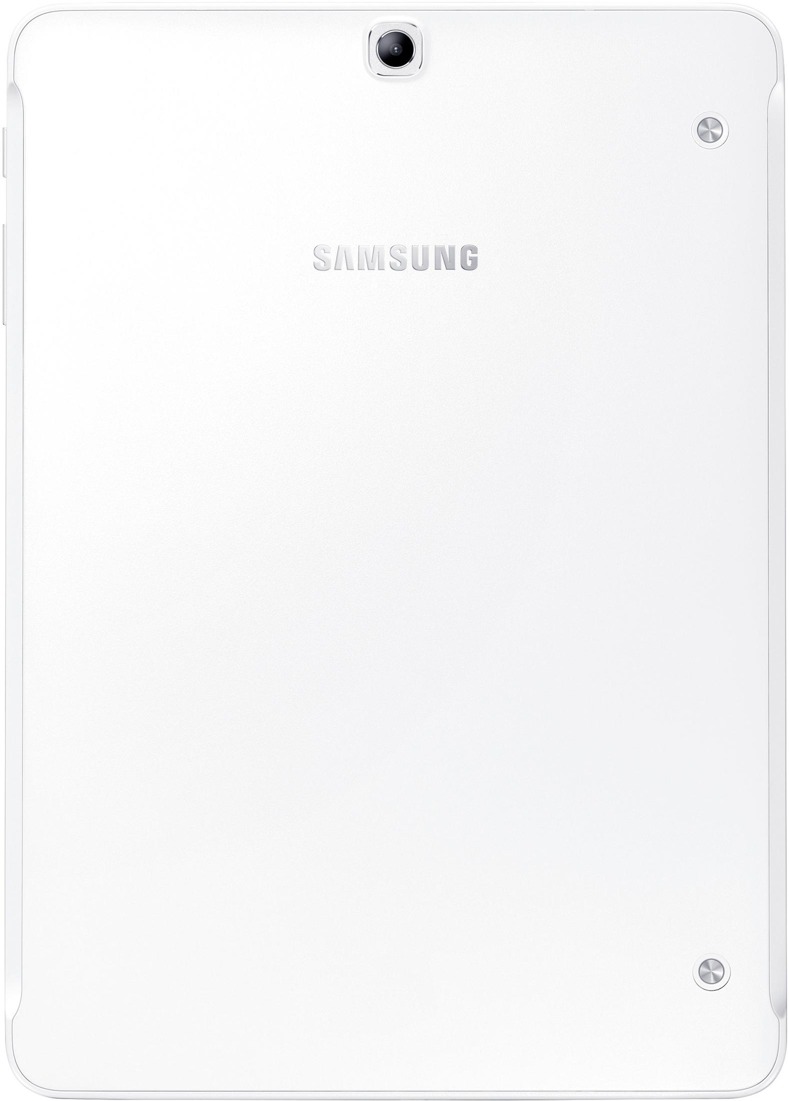 Weiße Tablet-Rückseite, Samsung-Logo. Zwei Schrauben unten. Kamera oben. Der Hintergrund ist weiß.