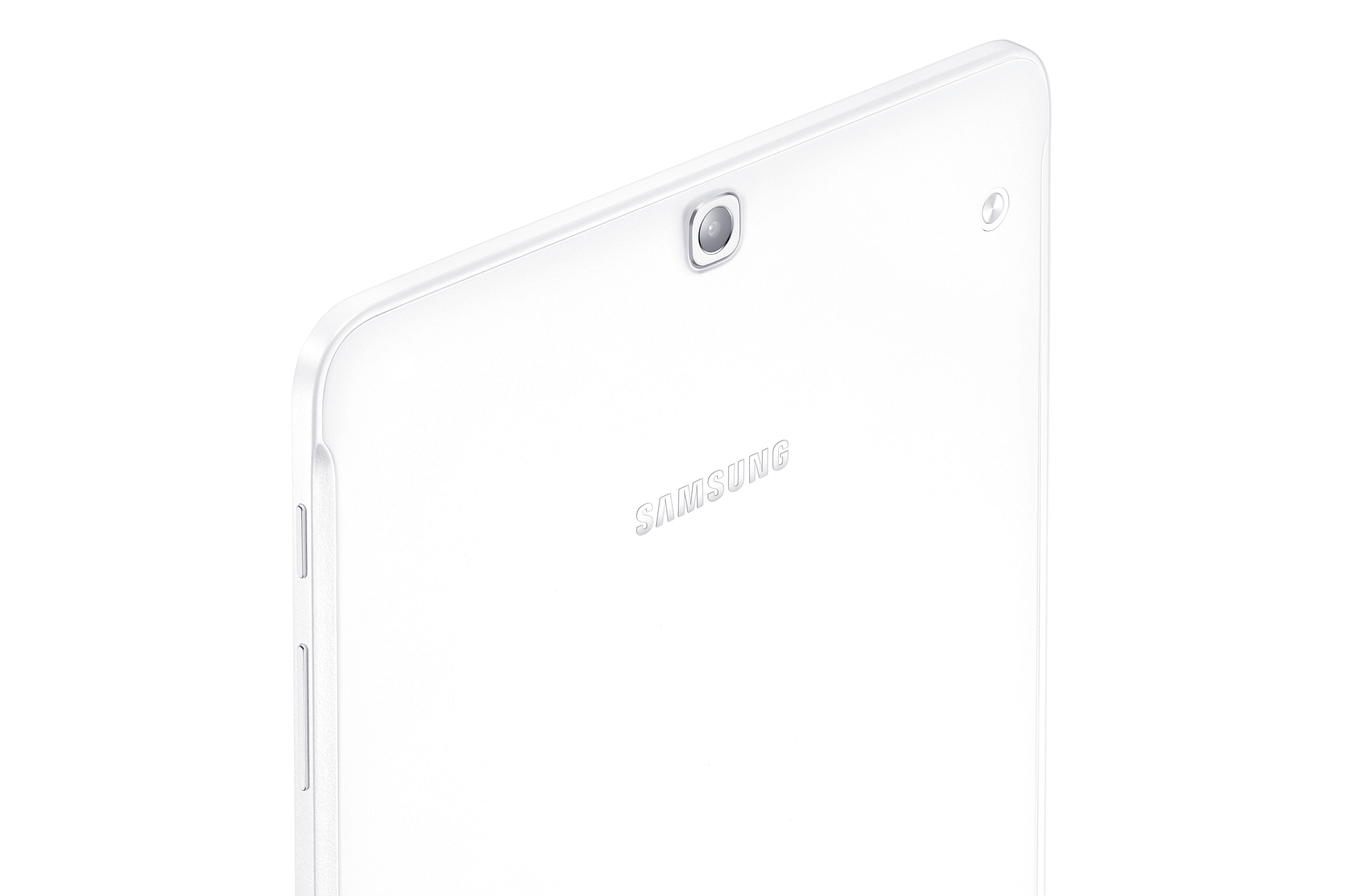 Nahezu weißes Tablet. Kamera und Markenname sichtbar.