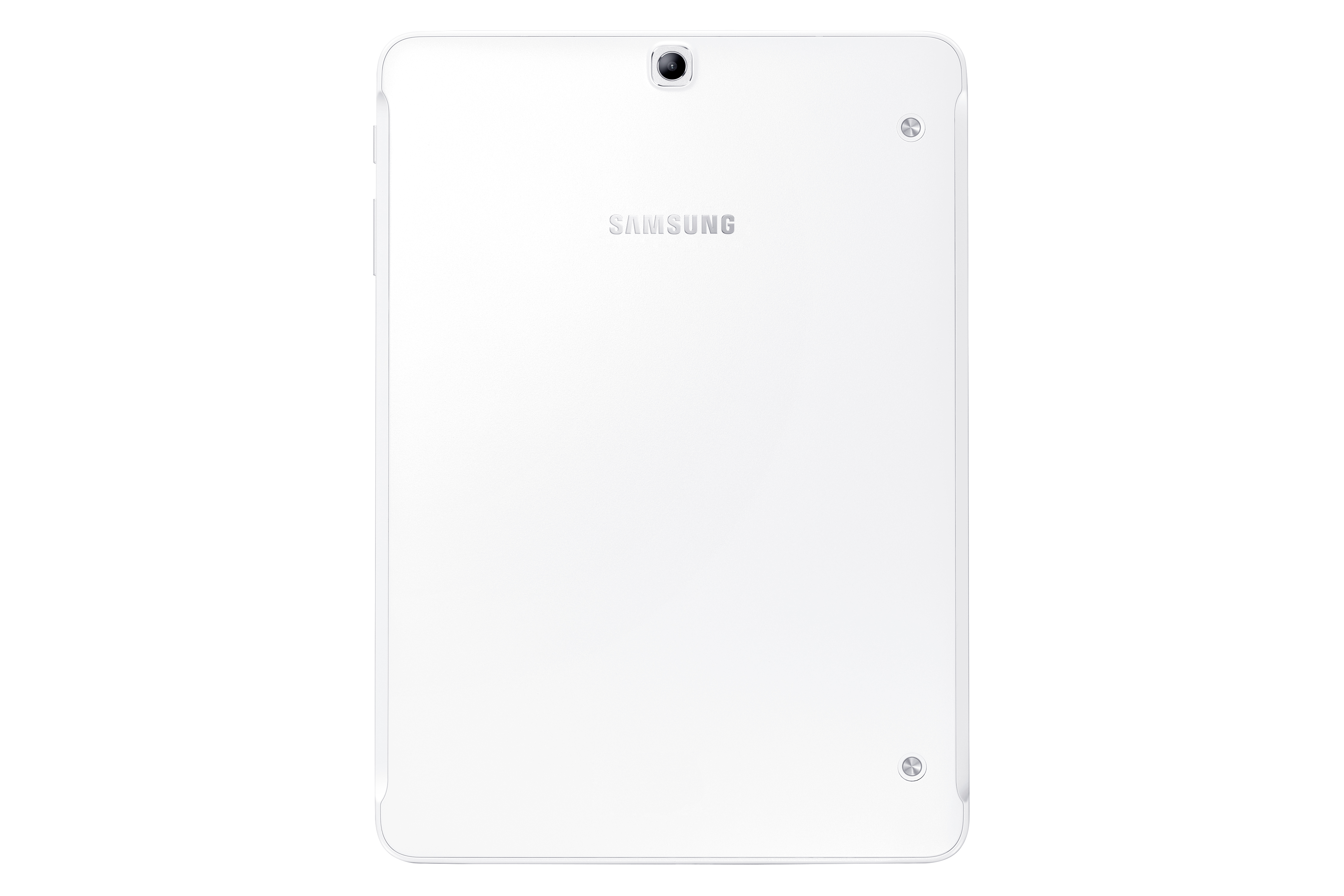 Weißes Samsung Tablet, Rückansicht, auf weißem Hintergrund. Samsung-Logo und zwei Schrauben sichtbar.