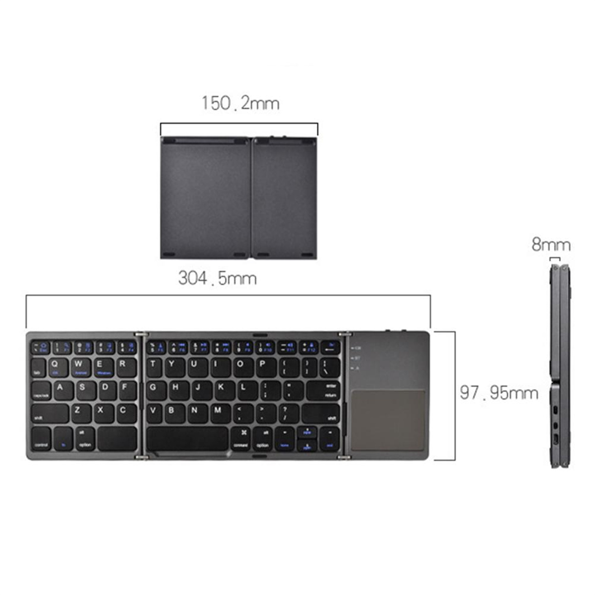 Faltbare Tastatur. Schwarz, mit Zahlen, Buchstaben und Touchpad. Abmessungen sind angegeben.